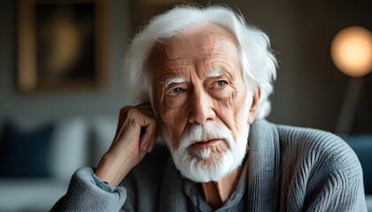 Wall Mural - Thoughtful elderly man with white hair and beard engaged in serious conversation in contemporary setting