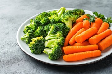 healthy eating idea plate of steamed broccoli and carrots on white dish perfect visual for social media post