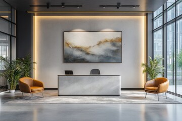 banner design featuring creative workspace concept with artistic furniture and contemporary artwork in office lobby interior