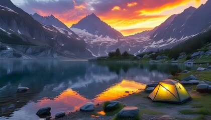 Wall Mural - Serene lakeside camping at sunset with stunning mountain views