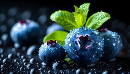 Wall Mural - Juicy blueberries adorned with glistening water droplets against a dark backdrop