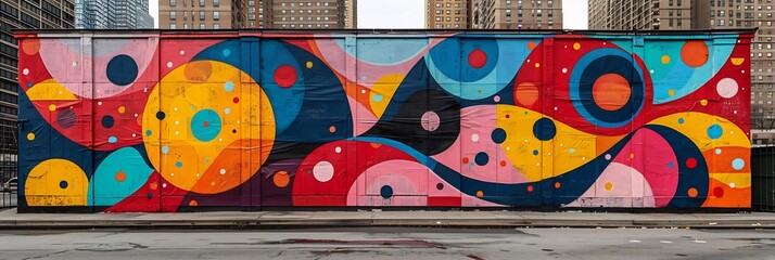 Canvas Print - Vibrant street art mural in a bustling urban alleyway filled with abstract shapes and vivid colors