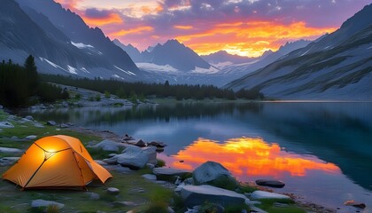 Wall Mural - Serene lakeside camping at sunset with stunning mountain views