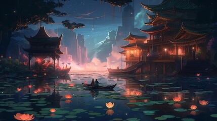 Wall Mural - a couple rows a boat through a calm river surrounded by traditional chinese architecture and glowing