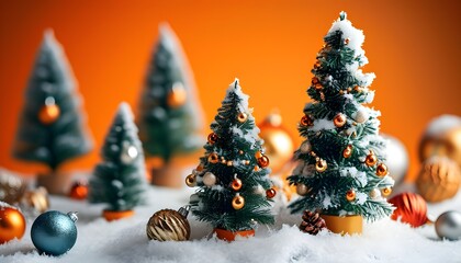 Poster - Charming winter wonderland with decorated miniature Christmas trees and festive ornaments on fresh snow under a warm orange sky