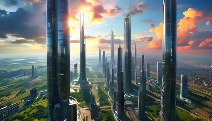 Wall Mural - Futuristic skyline featuring stunning panoramic views of vibrant skyscrapers