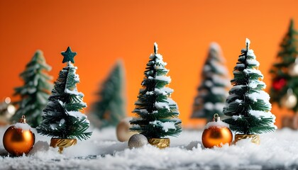 Poster - Charming winter wonderland with decorated miniature Christmas trees and festive ornaments on fresh snow under a warm orange sky