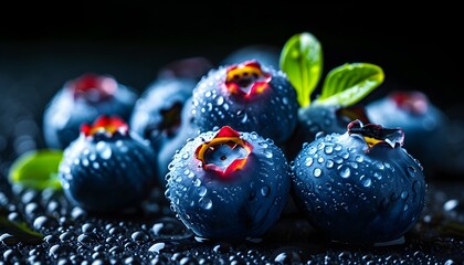 Wall Mural - Juicy blueberries adorned with glistening water droplets against a dark backdrop