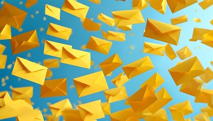 Poster - Whimsical yellow envelopes suspended in mid-air against a light blue sky, evoking a surreal and cinematic atmosphere