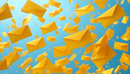 Poster - Whimsical yellow envelopes suspended in mid-air against a light blue sky, evoking a surreal and cinematic atmosphere