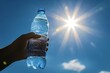 © Oleh - Hand holding a cold water bottle against a sunny blue sky, perfect for staying hydrated on hot days outdoors. Sunlight creates a refreshing silhouette
