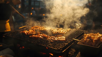 Close-up of Meat and Vegetables Grilling on a Charcoal Grill