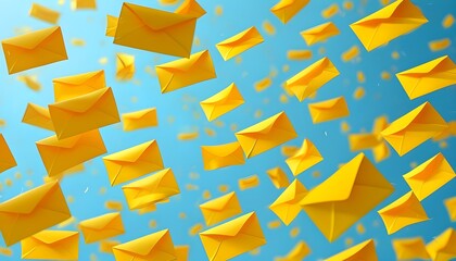 Poster - Whimsical yellow envelopes suspended in mid-air against a light blue sky, evoking a surreal and cinematic atmosphere