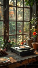 Wall Mural - Vintage record player spinning a vinyl record with soft sunlight streaming through the window and a stack of records nearby