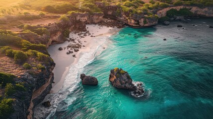 Sticker - Aerial View of a Secluded Beach with Turquoise Waters