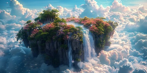 Wall Mural - Whimsical scene of a floating island in the sky with waterfalls cascading into the clouds and vibrant flowers growing along the edges