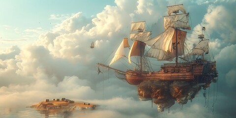 Wall Mural - Whimsical scene of a floating pirate ship sails billowing in the wind and treasure chests scattered across the deck