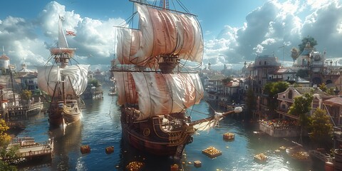 Wall Mural - Whimsical scene of a floating pirate ship sails billowing in the wind and treasure chests scattered across the deck