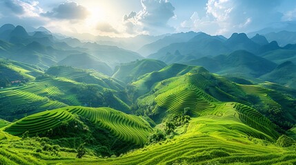 Wall Mural - Wideangle view of a rice terrace in Vietnam with bright green fields cascading down hillsides and farmers working in the distance