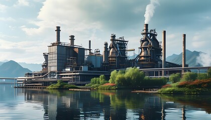 Wall Mural - Industrial waterfront scene featuring factories and machinery against a skyline backdrop