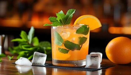 Canvas Print - Refreshing cocktail with orange, mint, and ice on a stylish bar counter