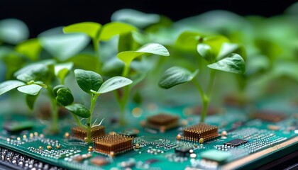 Wall Mural - Resilient green plant thriving on a circuit board adorned with intricate microchips