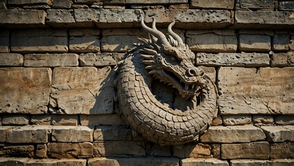 Sticker - Ancient stone wall with a dragon carving, showing weathered texture.