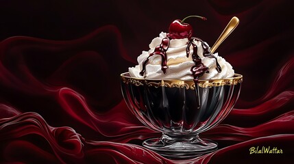 A decadent chocolate sundae with whipped cream, cherry, and chocolate sauce in a glass bowl on a red velvet background.