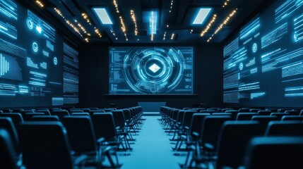 Poster - Empty Auditorium with Blue Technology Display