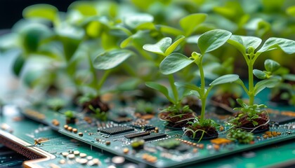 Wall Mural - Resilient green plant thriving on a circuit board adorned with intricate microchips