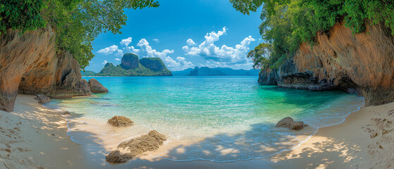 Wall Mural - Hidden Paradise Found: A secluded beach with crystal clear turquoise water, framed by lush foliage and dramatic rock formations, invites you to escape to paradise. 