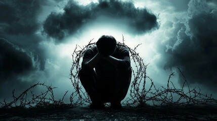 A person sitting under a dark cloud with their head down, surrounded by thorny vines, symbolizing the constriction and heaviness of negative thinking