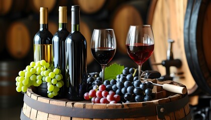 Canvas Print - Elegant wine cellar with wineglass and barrel focused on exquisite wine tasting and winemaking experience