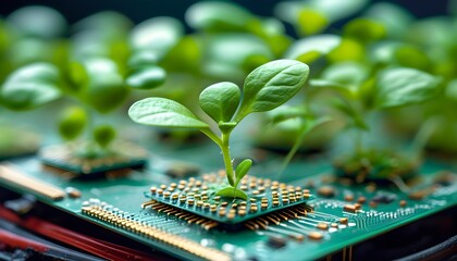 Wall Mural - Resilient green plant thriving on a circuit board adorned with intricate microchips