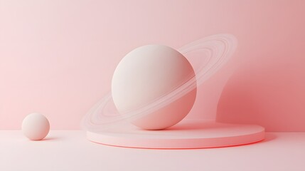 Wall Mural - Pink Sphere with Ring and Platform on Pink Background