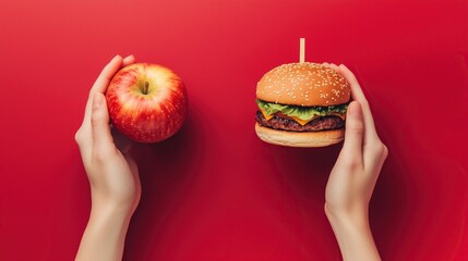 Hands holding an apple and a burger against a red background