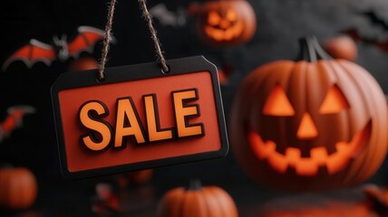 Floating sale tags with bats and glowing pumpkins, Halloween themed, 3D illustration