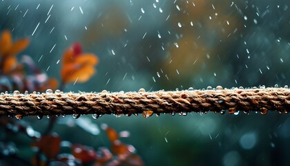 Wall Mural - Detailed close-up of rope covered in glistening rainwater droplets