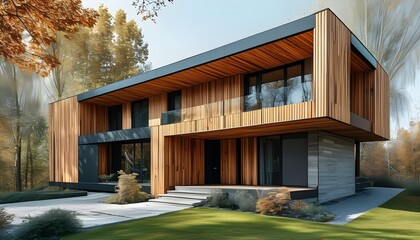 Sticker - Futuristic wooden facade of a modern home, blending sustainable materials with natural aesthetics, highlighted by a striking complementary color scheme