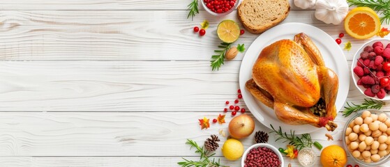 Top view of a Thanksgiving meal with a roast turkey, fruits, vegetables, and bread on a wooden table, festive holiday dinner concept.