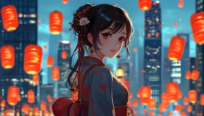 Wall Mural - Enchanting anime girl in traditional attire holding a lantern atop a skyscraper amidst floating stock market indicators, blending culture and finance in a unique visual narrative