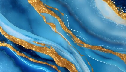 Wall Mural - Luminous Blue and Gold Abstract Marble Texture with Glittering Accents