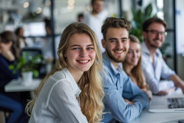 Portrait of business people standing as a team in modern office