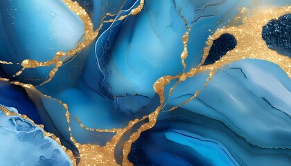 Wall Mural - Luminous Blue and Gold Abstract Marble Texture with Glittering Accents