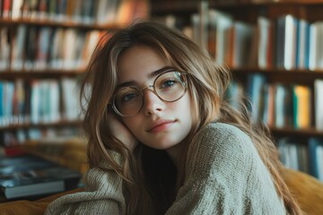 Contemplative Student Studying in Cozy Library with Prime Portrait