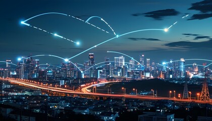 Wall Mural - Illuminated night cityscape showcasing smart technology networks, power lines, and modern urban infrastructure highlighting connectivity and innovation.