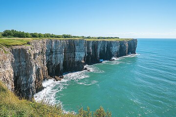 Rugged cliffs meet a turquoise sea with white foamy waves crashing against the rocks on a sunny day.