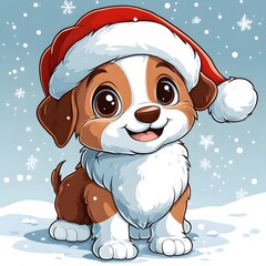 Cute cartoon puppy wearing a Santa hat in the snow with snowflakes falling	