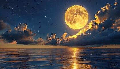 Poster - Golden full moon rising over the ocean, illuminating the night sky and creating a breathtaking reflection on the water