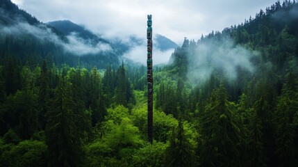 A towering totem pole stands tall amidst a lush Alaskan forest, symbolizing tradition, heritage, and the powerful connection between nature and indigenous culture.